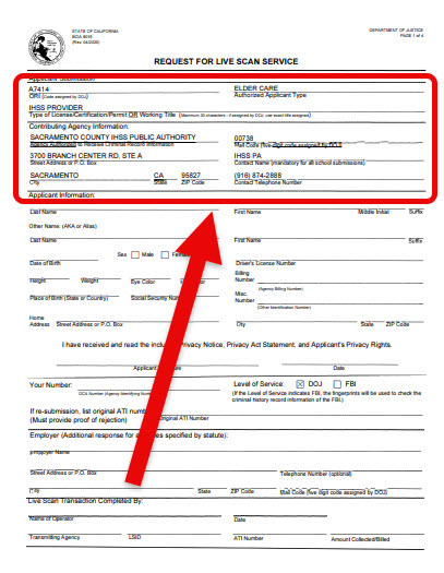 Sample Live Scan form filled out using values listed in Step 2